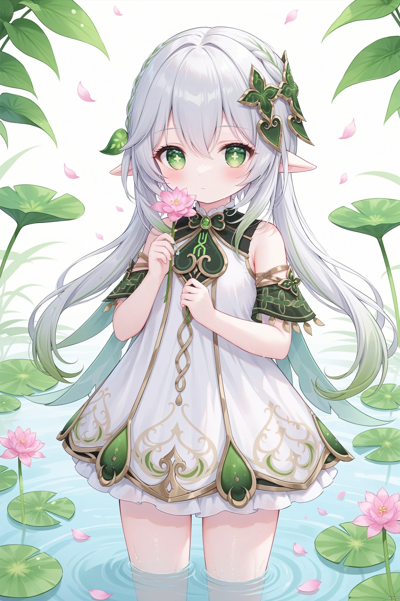  masterpiece,best quality,high quality,(colorful),[Artist onineko],[Artist chen bin],[Artist agwing86],[[Artist wlop]], 1girl, solo, petite, flower, white hair,green hair, dress, looking at viewer, holding, water, blue dress, pink flower, short sleeves, blush, shirt, holding flower, white shirt, closed mouth, petals, wading, lily pad, green eyes,symbol-shaped pupils,  bangs,  breasts,cross-shaped pupils, hair ornament, gradient hair, white dress, nahida (genshin impact), loli