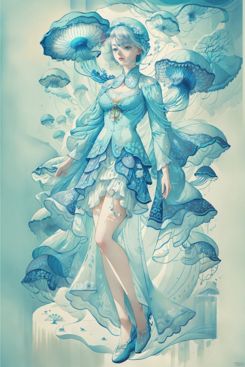 A beautiful paper quilling of a jellyfish, with a blue background, white and light pastel colors, high resolution, high detail, intricate details, in the style of paper art illustration, as a full body shot.