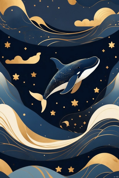 The starry sky shines with golden stars, and the whale wears an exquisite blue colour of glowing silk. The tale flutters in the wind, creating a dreamy atmosphere. The background is dark blue with golden lines, featuring a flat design style. It has a high-definition resolution, high saturation colours, and golden light spots shining on the whale's face.,Oriental flat aesthetics