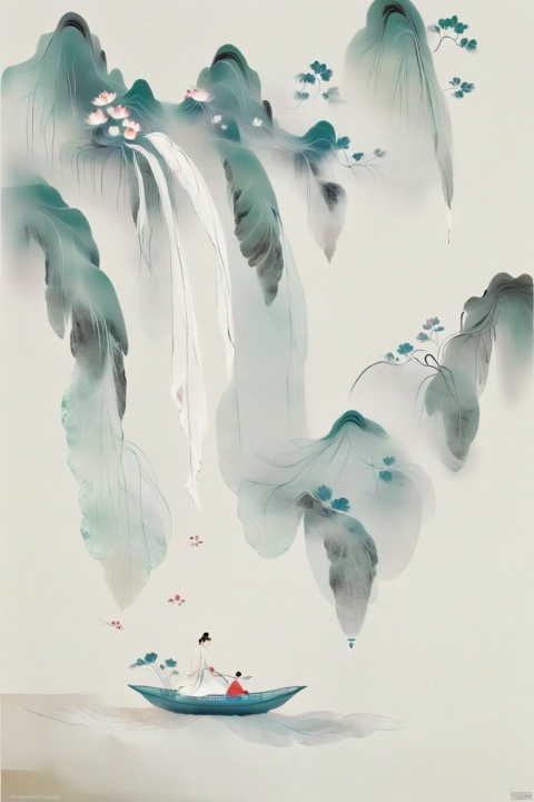 One hand, pick up the lotus, beautiful illustration,Chen Jialeng, ancient white, dynamic ink painting, tie-dye, X-ray, a leaf boat, translucent silk stacking, gauze curtain landscape stacking, light yarn, tulle, organza, film poster composition, story sense, dispersion gradient