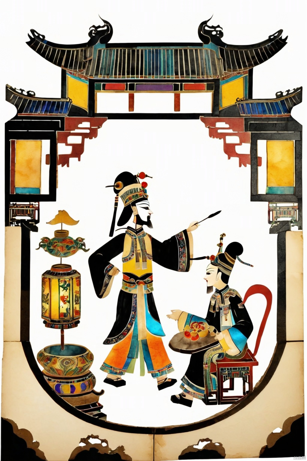  Chinese traditional shadow play, movable joint, screw joint, single person,whole body,composite material,watercolor, ethnic color, paper texture, pure white background,no background,cutout style, Intangible Cultural Heritage, ancient egyptian mural style, abstract style, Chinese traditional pattern