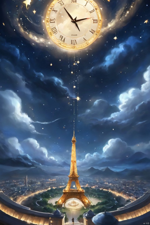  artist name,blue eyes,building,city,city lights,cityscape,clock,cloud,cloudy sky,constellation,copyright name,earth \(planet\),fantasy,glowing,jewelry,light particles,magic,magic circle,mountain,night,night sky,planet,scenery,sky,solo,space,star \(sky\),starry sky,tower,