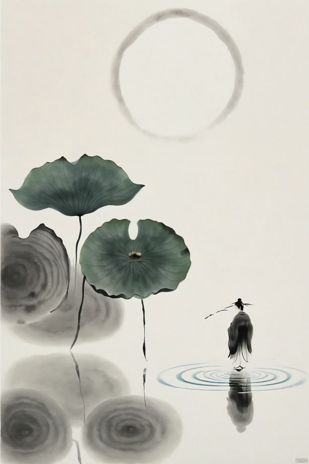 Lotus, Dragonfly /(standing on lotus)/), water halo, minimalist ink painting