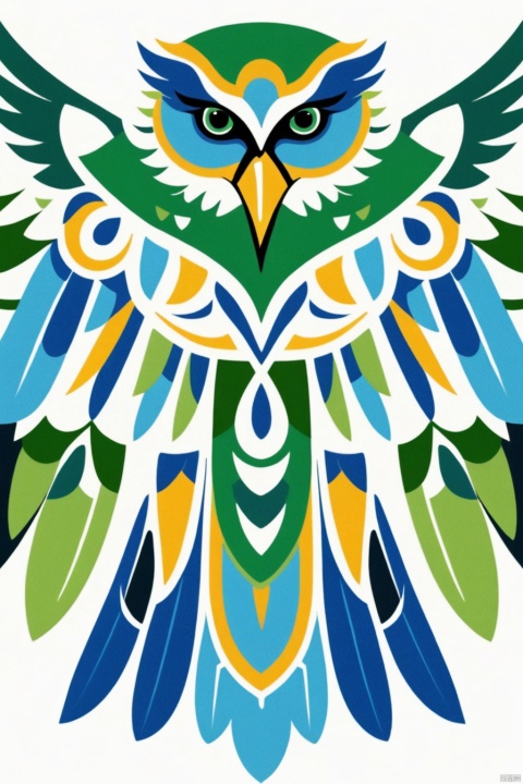  Totem pattern of a huge green eagle,native american animal totem design in the style of Emily Balivet, symmetrical logo, white background, green and blue color palette