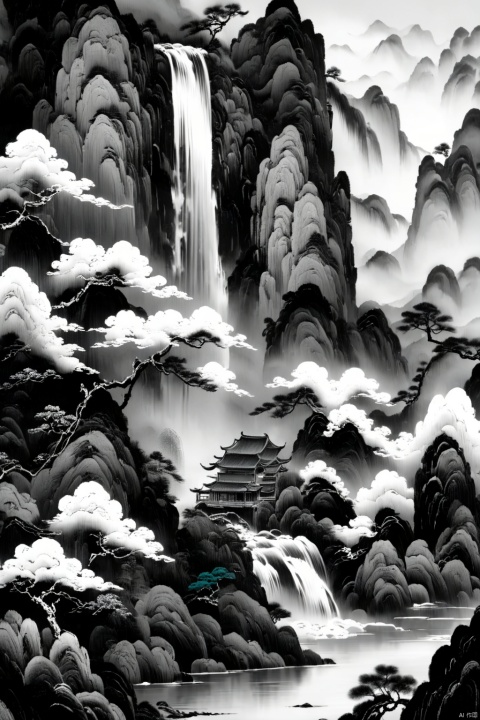  Colorful Chinese Painting, a Chinese painting of a mountain landscape with trees and a waterfall, monochrome, highly detailed, ultra-high resolutions, 32K UHD, best quality, masterpiece,