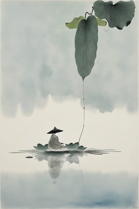 A lotus canopy, （a frog in a cape, sitting on it：1.35）, a hat, minimalist ink painting