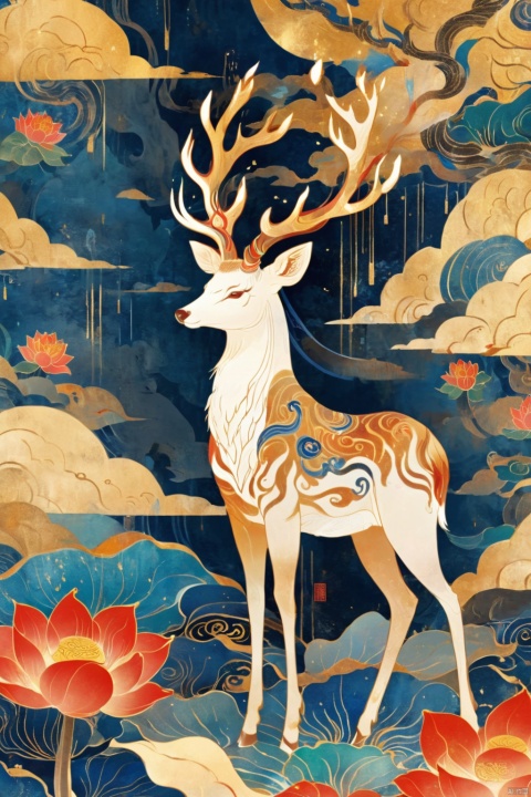  Dunhuang art style illustration,a magnificent nine-colored deer surrounded by auspicious clouds ,
Standing in the lotus pond ,extremely delicate brushstrokes, soft and smooth, China red and indigo, golden background