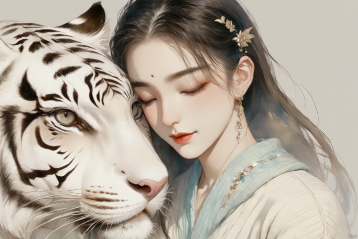 1 girl, next to a powerful white tiger, (girl gently leaning on the white tiger: 1.4), white tiger with wide open mouth, realistic, eyes closed, black hair, white sweater, lips, long hair, shoulder off, shoulder off sweater, bare shoulders, jewelry, brown hair, earrings, tilted head, upper body, colored hair, long sleeves, simple background, 
