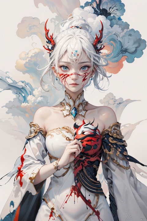  asterpiece, best quality, ultra high res, (extreme detailed), (1 beautiful girl), (abstract art:1.4), bleeding white, visually stunning, beautiful, evocative, emotional, ((white background)), white theme, goddess, cloud, mask
