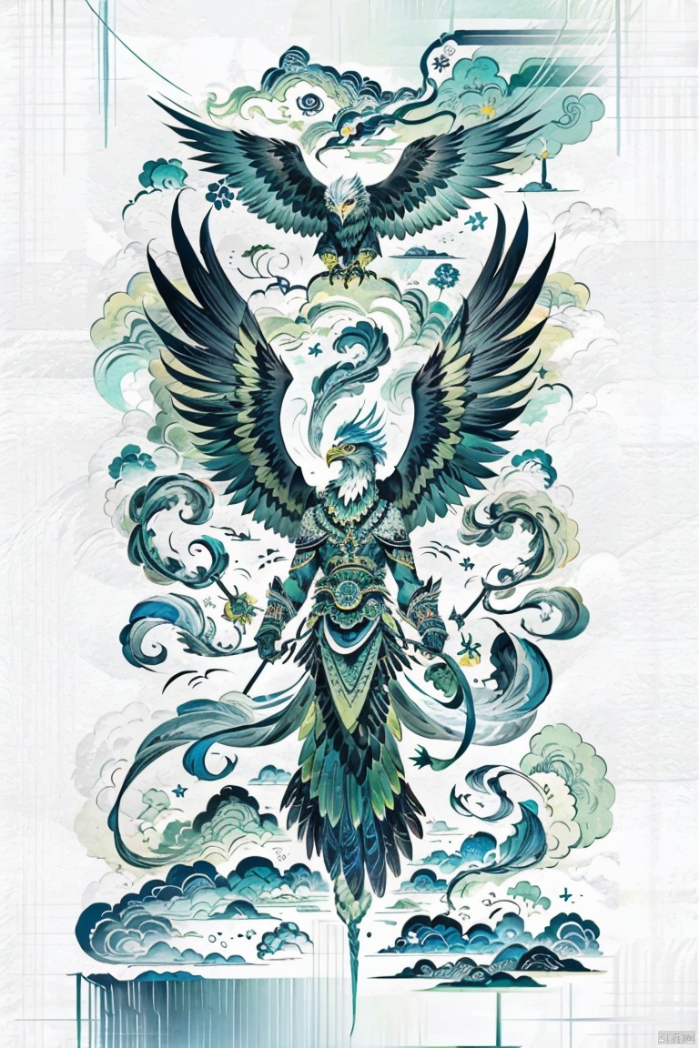  Totem pattern of a huge green eagle,native american animal totem design in the style of Emily Balivet, symmetrical logo, white background, green and blue color palette