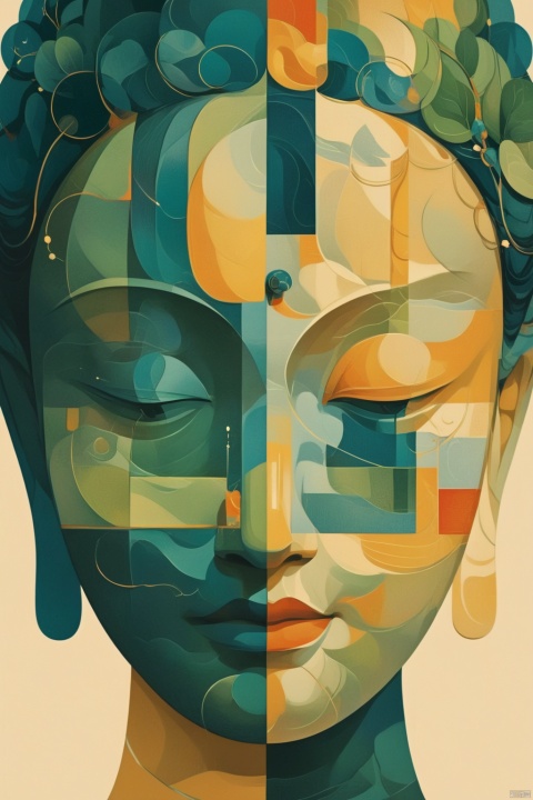 A human face fragmented and reassembled in the style of Cubism,Oriental flat aesthetics
