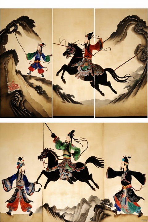 Master paintings, highest quality, shadow puppetry, stage, Zhang Fei, Zhangba Snake Spear, Changban Slope, horse riding, film footage, film particles