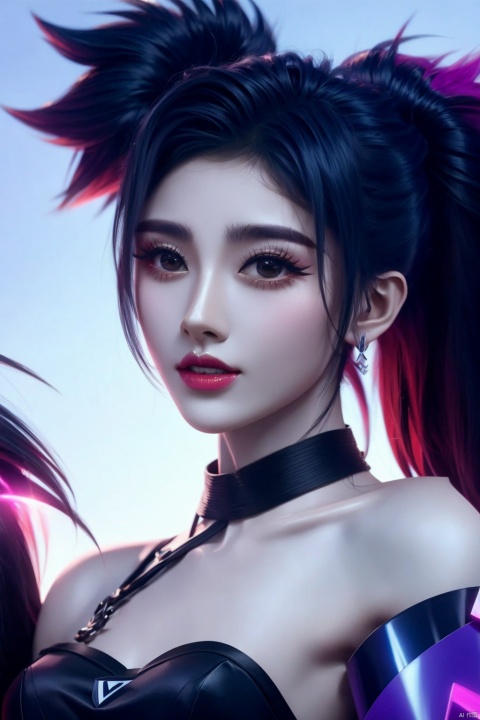  akali,1girl,ponytail,solo,looking_at_viewer,bare_shoulders,k/da_(league_of_legends),simple background,white backgroundmasterpiece,best quality, highly detailed,