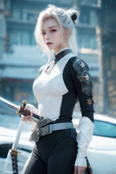  SH, sword, weapon, solo, holding, holding sword, holding weapon, 1girl, katana, bodysuit, cyberpunk, hair bun, science fiction, single hair bun, cowboy shot, standing, white hair, looking to the side, artist name, short hair, signature, 1other,death sign star, Wenys