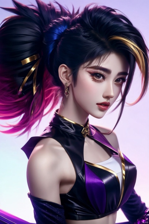  akali,1girl,ponytail,solo,above thighs,looking_at_viewer,bare_shoulders,k/da_(league_of_legends),simple background,white back ground masterpiece,best quality, highly detailed,