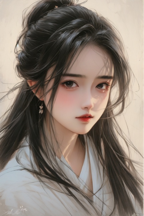  ((HRD, HUD, 8K)),((masterpiece, best quality)), highly detailed, soft light,
ColoredLead,above thighs, 1girl, solo,women's hair ornament, hair stick, black hair, hair ornament, traditional media, looking at viewer, portrait, long hair, black eyes, closed mouth, realistic, signature, lips, hair bun, single hair bun, simple background, nose, heibai, boluo