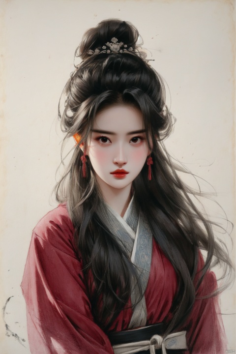  ((HRD, HUD, 8K)),((masterpiece, best quality)), highly detailed, soft light,
ColoredLead,(above thighs), 1girl, solo, hair stick, black hair, hair ornament, traditional media, looking at viewer, portrait, long hair, black eyes, closed mouth, realistic, signature, lips, hair bun, single hair bun, simple background, nose, heibai, songyi, liuyifei