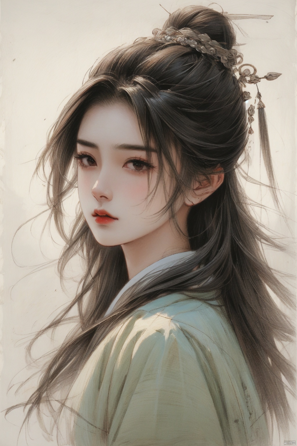  ((HRD, HUD, 8K)),((masterpiece, best quality)), highly detailed, soft light,
ColoredLead,above thighs, 1girl, solo, hair stick, black hair, hair ornament, traditional media, looking at viewer, portrait, long hair, black eyes, closed mouth, realistic, signature, lips, hair bun, single hair bun, simple background, nose, heibai, songyi