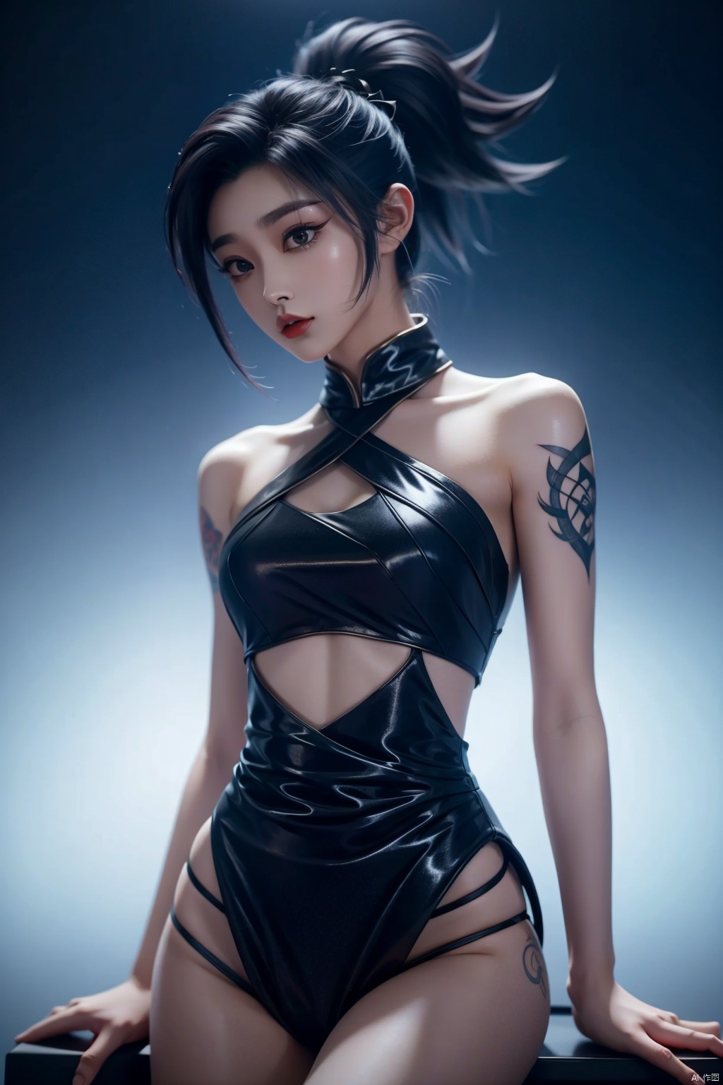  akali,1girl,ponytail,solo,above thighs,tattoos,looking_at_viewer,bare_shoulders,k/da_(league_of_legends),simple background,white back ground masterpiece,best quality, highly detailed, songyi