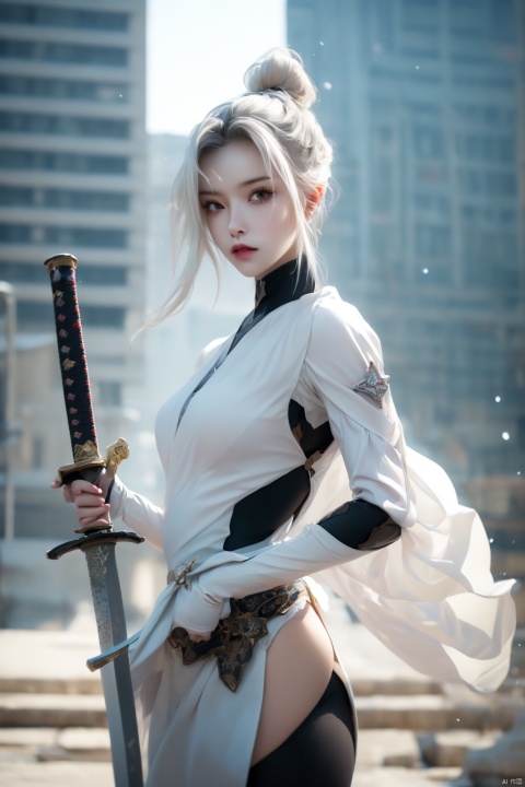  SH, sword, weapon, solo, holding, holding sword, holding weapon, 1girl, katana, bodysuit, cyberpunk, hair bun, science fiction, single hair bun, cowboy shot, standing, white hair, looking to the side, artist name, short hair, signature, 1other,death sign star, Wenys
