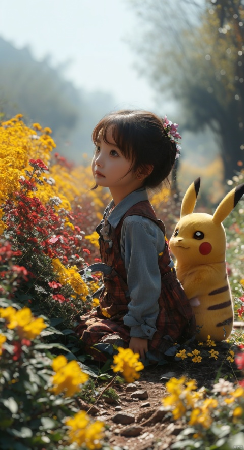  a girl,（Pikachu）, blue Flower, Outdoor, Flower field,low angle, , Detail, 1girl, mimi