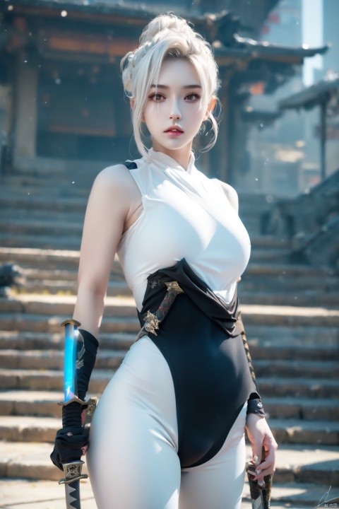  SH, sword, weapon, solo, holding, holding sword, holding weapon, 1girl, katana, bodysuit, cyberpunk, hair bun, science fiction, single hair bun, cowboy shot, standing, white hair, looking to the side, artist name, short hair, signature, 1other,death sign star, Wenys