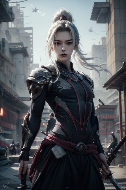  SH, sword, weapon, solo, holding, holding sword, holding weapon, 1girl, katana, bodysuit, cyberpunk, hair bun, science fiction, single hair bun, cowboy shot, standing, white hair, looking to the side, artist name, short hair, signature, 1other,death sign star, songyi