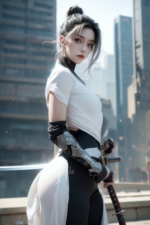  SH, sword, weapon, solo, holding, holding sword, holding weapon, 1girl, katana, bodysuit, cyberpunk, hair bun, science fiction, single hair bun, cowboy shot, standing, white hair, looking to the side, artist name, short hair, signature, 1other,death sign star, Wenys