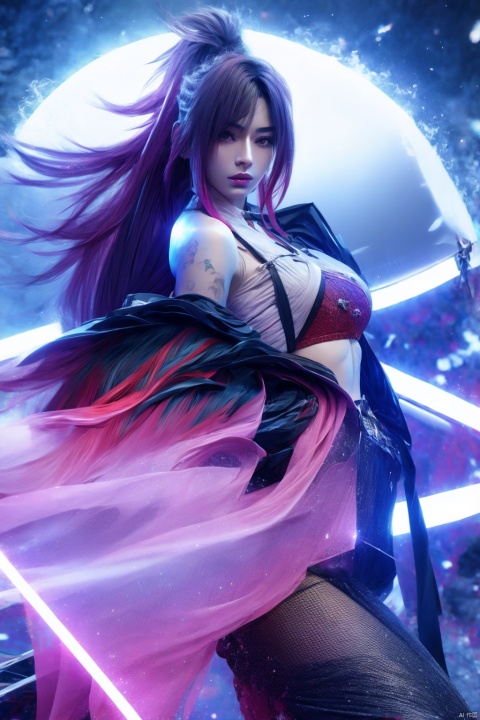  akali,1girl(angry),cyberpunk city,ponytail,solo,black choker,tattoos,looking_at_viewer,different postures,bare_shoulders,k/da_(league_of_legends),simple background,white back ground masterpiece,best quality, highly detailed,(above thighs:1.6),make up,red lips,red purple hair,pale skin, 1girl
