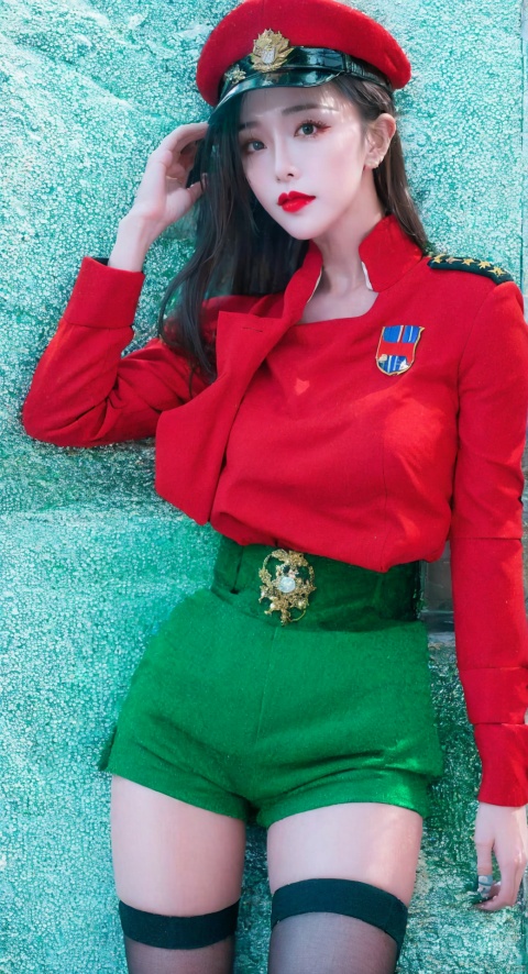  1girl,red lips,Red clothes, red military caps, badges, shorts, thighs, stockings, Wenys