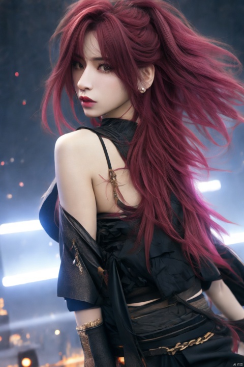  akali,1girl(angry),cyberpunk city,ponytail,solo,black choker,tattoos,looking_at_viewer,different postures,bare_shoulders,k/da_(league_of_legends),simple background,white back ground masterpiece,best quality, highly detailed,(above thighs:1.6),make up,red lips,red purple hair,pale skin, 1girl