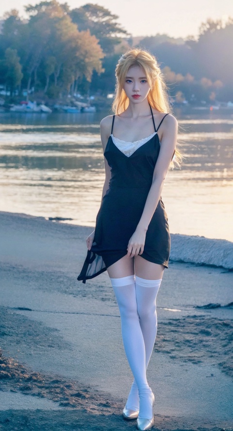  HDR, UHD, 8K, Highly detailed, best quality, masterpiece, 1girl, realistic, Highly detailed, (EOS R8, 50mm, F1.2, 8K, RAW photo:1.2), ultra realistic 8k cg, Seaside Beach,yunyun,hand101,black pantyhose,glint sparkle,GULINAZA,bright pupils,detailed_eyes,full_body photo, qianrenxue,blonde hair,blue eyes,huge breasts,