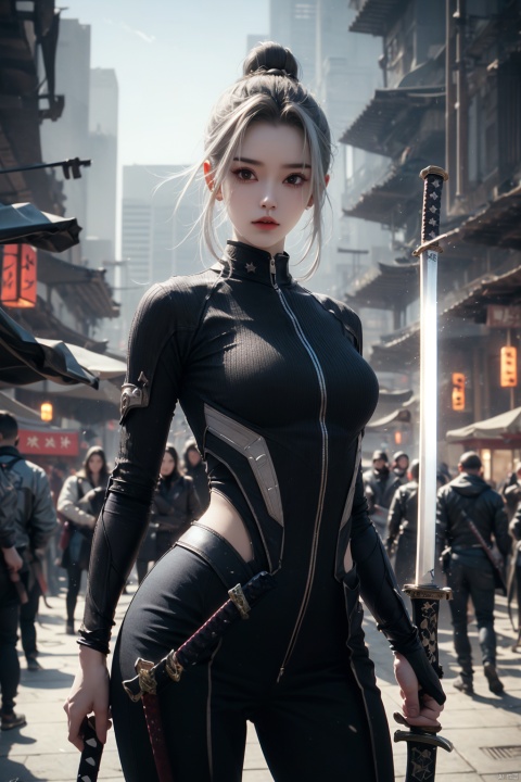  SH, sword, weapon, solo, holding, holding sword, holding weapon, 1girl, katana, bodysuit, cyberpunk, hair bun, science fiction, single hair bun, cowboy shot, standing, white hair, looking to the side, artist name, short hair, signature, 1other,death sign star, songyi