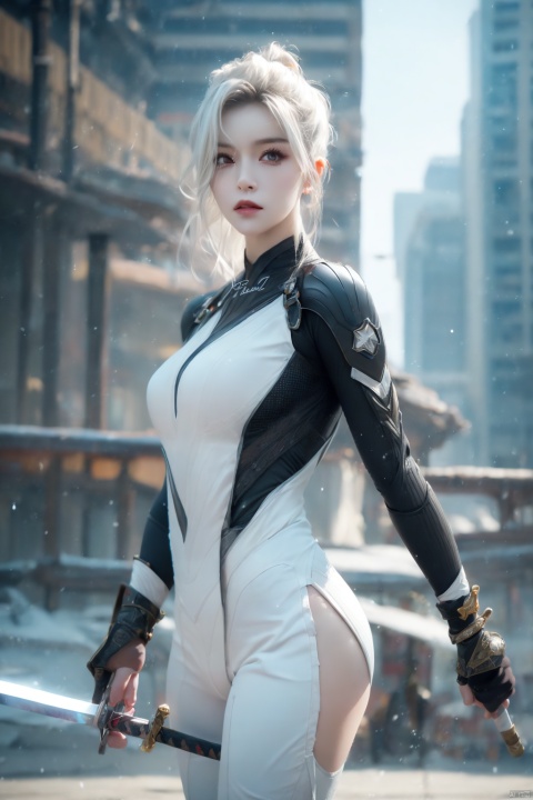  SH, sword, weapon, solo, holding, holding sword, holding weapon, 1girl, katana, bodysuit, cyberpunk, hair bun, science fiction, single hair bun, cowboy shot, standing, white hair, looking to the side, artist name, short hair, signature, 1other,death sign star, Wenys