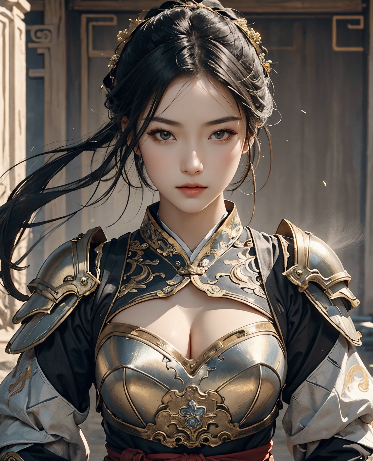  masterpiece,best quality,1girl, beautiful chinese girl, (beautiful detailed armor), (beautiful detailed hanfu), black eyes,(see-through),(straight-on),
Game art,The best picture quality,Highest resolution,8K,(Head close-up),(Rule of thirds),(Female Warrior),looking at viewer,
An eye rich in detail,(knightess),Elegant and noble,indifferent,brave,bandeau top,pauldron,gardebras, strapless **** top,cleavage,breastplate,
(Ancient runes of light,Combat accessories with rich details,Metallic luster)
(super fucking cool:1.2)