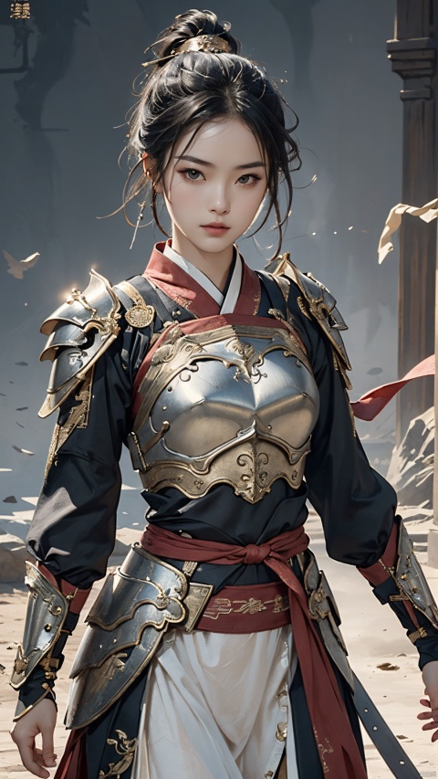  masterpiece,best quality,1girl, beautiful chinese girl, (beautiful detailed armor), (beautiful detailed hanfu), black eyes,(see-through),
Game art,The best picture quality,Highest resolution,8K,(Head close-up),(Rule of thirds),(Female Warrior),looking at viewer,
An eye rich in detail,(knightess),Elegant and noble,indifferent,brave,bandeau top,pauldron,gardebras,
(Ancient runes of light,Combat accessories with rich details,Metallic luster)
(super fucking cool:1.2)
