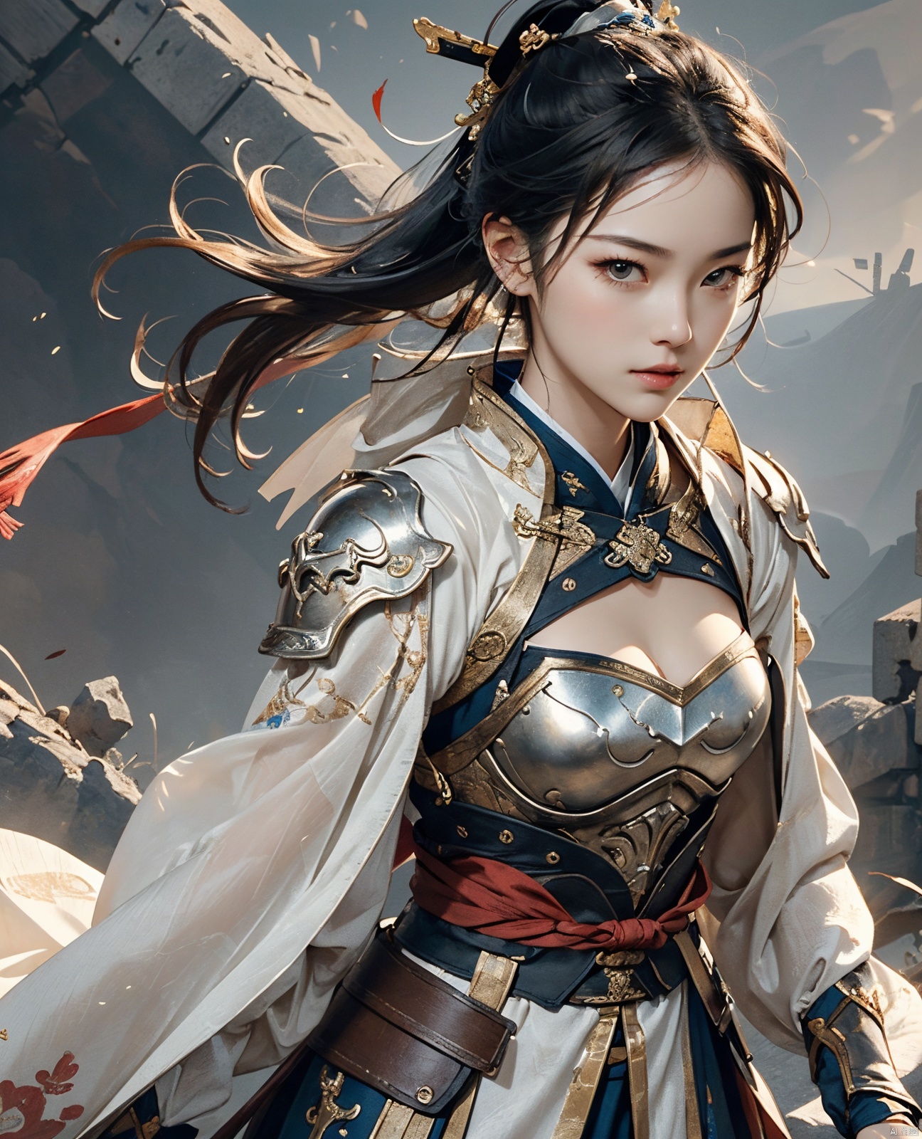  masterpiece,best quality,1girl, beautiful chinese girl, (beautiful detailed armor), (beautiful detailed hanfu), black eyes,(see-through),(straight-on),
Game art,The best picture quality,Highest resolution,8K,(Head close-up),(Rule of thirds),(Female Warrior),looking at viewer,
An eye rich in detail,(knightess),Elegant and noble,indifferent,brave,bandeau top,pauldron,gardebras, strapless **** top,cleavage,breastplate,
(Ancient runes of light,Combat accessories with rich details,Metallic luster)
(super fucking cool:1.2)