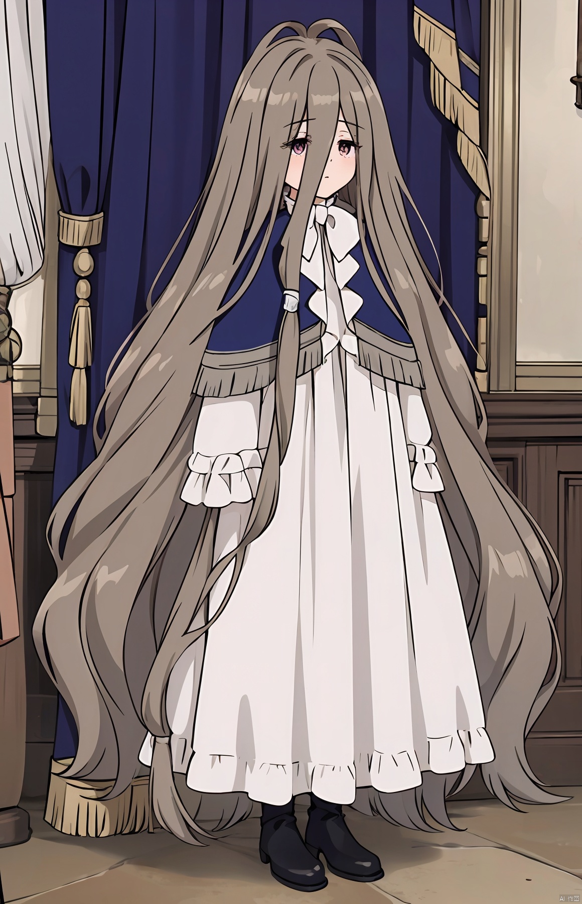  masterpiece,best quality,intricate detail,
1girl, very long hair,wavy hair, hair between eyes,hair tubes,capelet,frills,long dress,white dress,white bow,white bowtie,ribbon, long sleeves, long skirt, boots,black footwear,