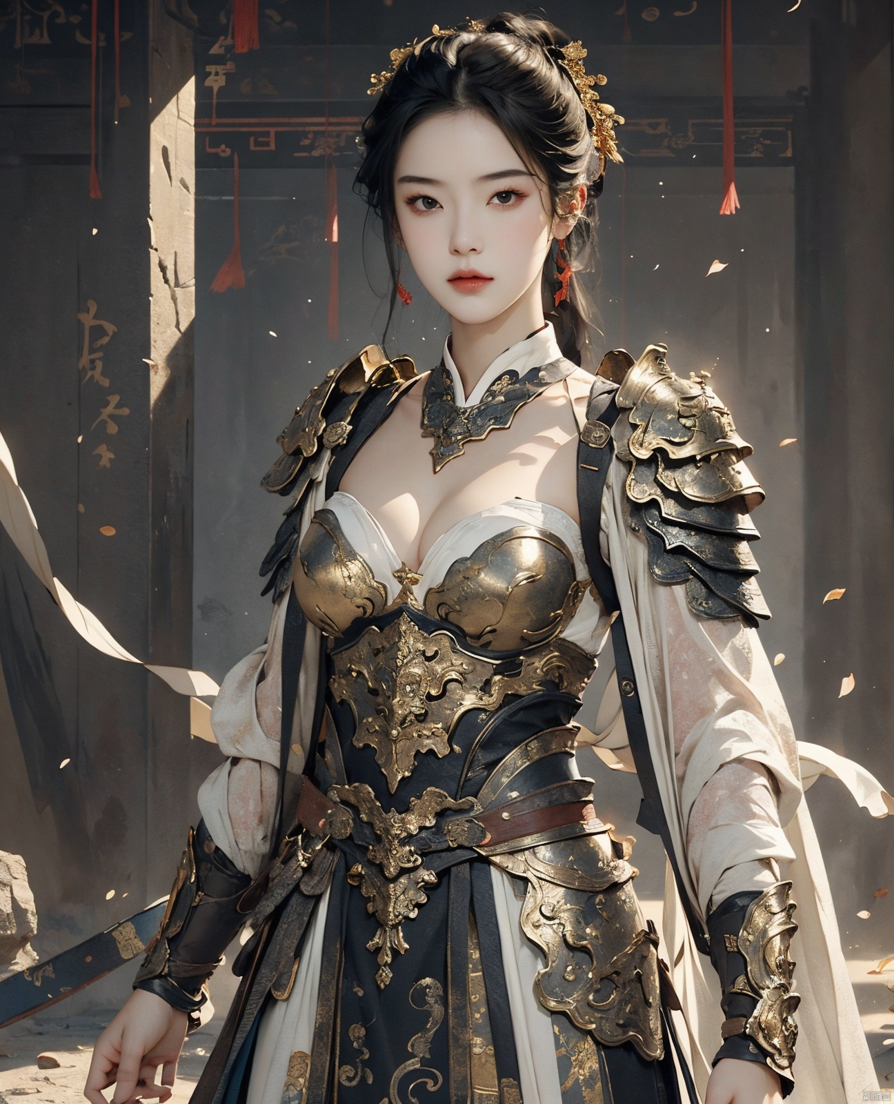  masterpiece,best quality,1girl, beautiful chinese girl, (beautiful detailed armor), (beautiful detailed hanfu), black eyes,(see-through),(straight-on:1.2),dynamic pose,
Game art,The best picture quality,Highest resolution,8K,(Head close-up),(Rule of thirds),(Female Warrior),looking at viewer,
An eye rich in detail,(knightess),Elegant and noble,indifferent,brave,bandeau top,pauldron,gardebras, strapless **** top,cleavage,breastplate,
(Ancient runes of light,Combat accessories with rich details,Metallic luster)
(super fucking cool:1.2)