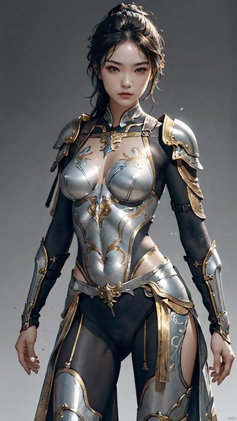  masterpiece,best quality,1girl, beautiful chinese girl, (beautiful detailed armor), (silver armor),(bodypaint:1.2),silver overall bodysuit,
Game art,The best picture quality,Highest resolution,8K,(Female Warrior),looking at viewer,
An eye rich in detail,(knightess),Elegant and noble,indifferent,brave,metallic breastplate,pauldron,gardebras,cameltoe,
(Ancient runes of light,Combat accessories with rich details,Metallic luster),simple background,
(super fucking cool:1.2),