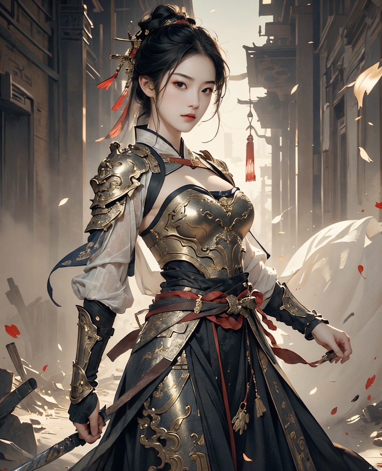  masterpiece,best quality,1girl, beautiful chinese girl, (beautiful detailed armor), (beautiful detailed hanfu), black eyes,(see-through),(straight-on),dynamic pose,
Game art,The best picture quality,Highest resolution,8K,(Head close-up),(Rule of thirds),(Female Warrior),looking at viewer,
An eye rich in detail,(knightess),Elegant and noble,indifferent,brave,bandeau top,pauldron,gardebras, strapless **** top,cleavage,breastplate,
(Ancient runes of light,Combat accessories with rich details,Metallic luster)
(super fucking cool:1.2)
