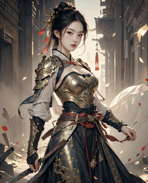  masterpiece,best quality,1girl, beautiful chinese girl, (beautiful detailed armor), (beautiful detailed hanfu), black eyes,(see-through),(straight-on),dynamic pose,
Game art,The best picture quality,Highest resolution,8K,(Head close-up),(Rule of thirds),(Female Warrior),looking at viewer,
An eye rich in detail,(knightess),Elegant and noble,indifferent,brave,bandeau top,pauldron,gardebras, strapless tank top,cleavage,breastplate,
(Ancient runes of light,Combat accessories with rich details,Metallic luster)
(super fucking cool:1.2)