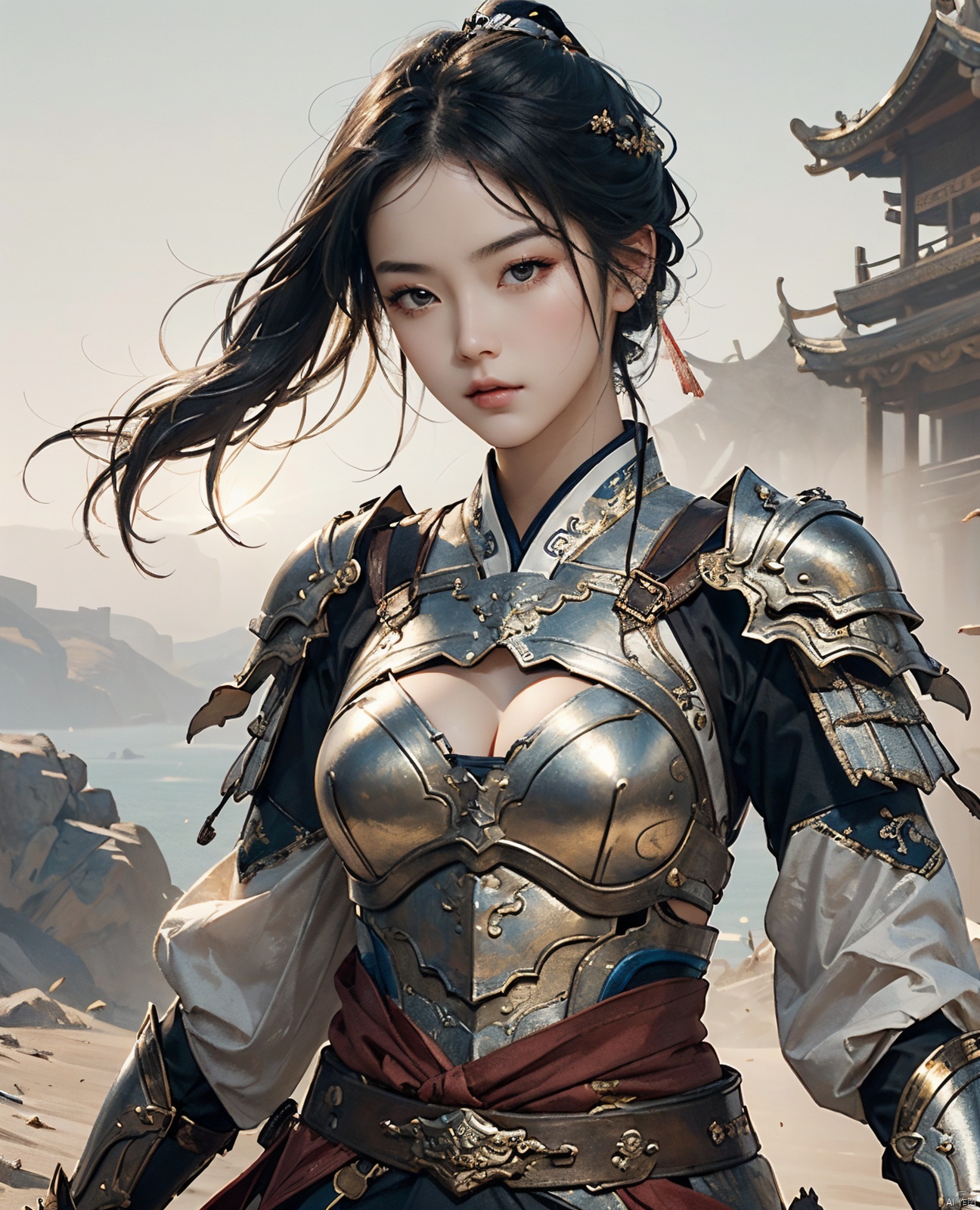  masterpiece,best quality,1girl, beautiful chinese girl, (beautiful detailed armor), (beautiful detailed hanfu), black eyes,(see-through),(straight-on),
Game art,The best picture quality,Highest resolution,8K,(Head close-up),(Rule of thirds),(Female Warrior),looking at viewer,
An eye rich in detail,(knightess),Elegant and noble,indifferent,brave,bandeau top,pauldron,gardebras, strapless **** top,cleavage,breastplate,
(Ancient runes of light,Combat accessories with rich details,Metallic luster)
(super fucking cool:1.2)