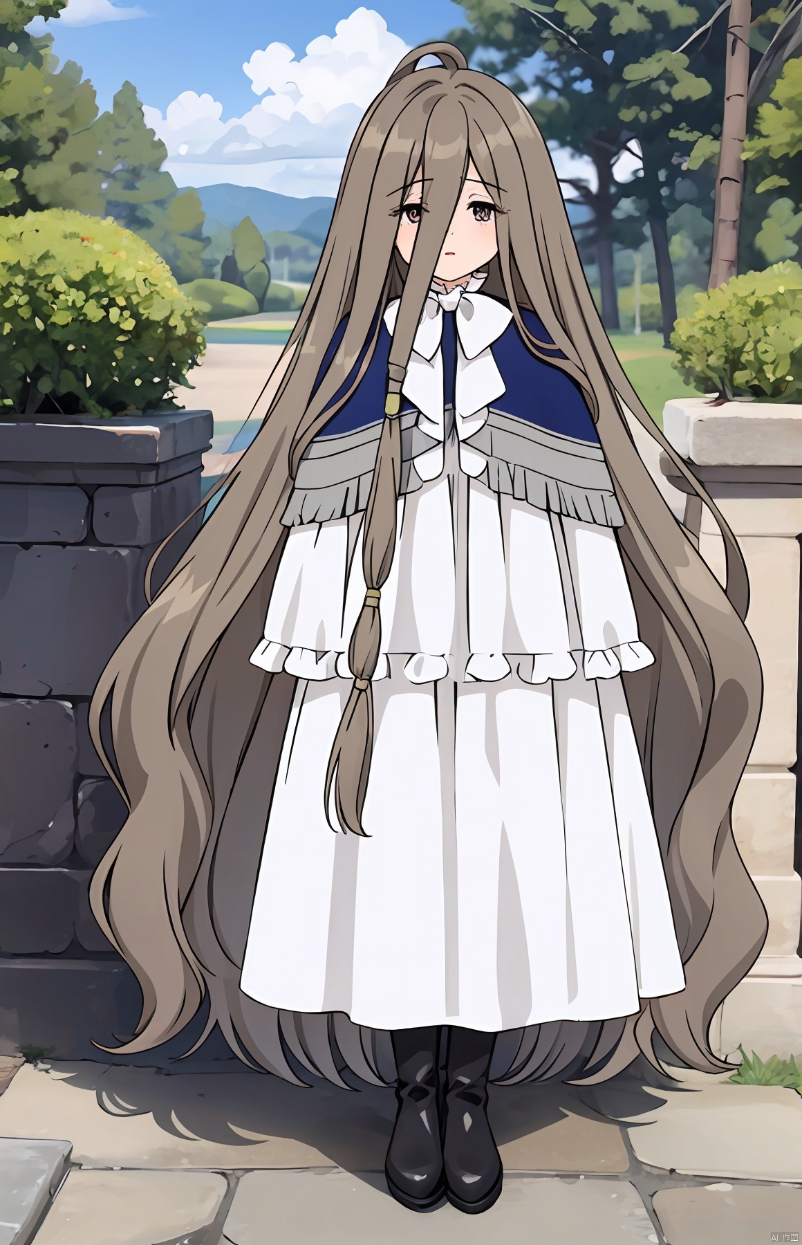  masterpiece,best quality,intricate detail,
1girl, very long hair,wavy hair, hair between eyes,hair tubes,capelet,frills,long dress,white dress,white bow,white bowtie,ribbon, long sleeves, long skirt, boots,black footwear,
outdoors,