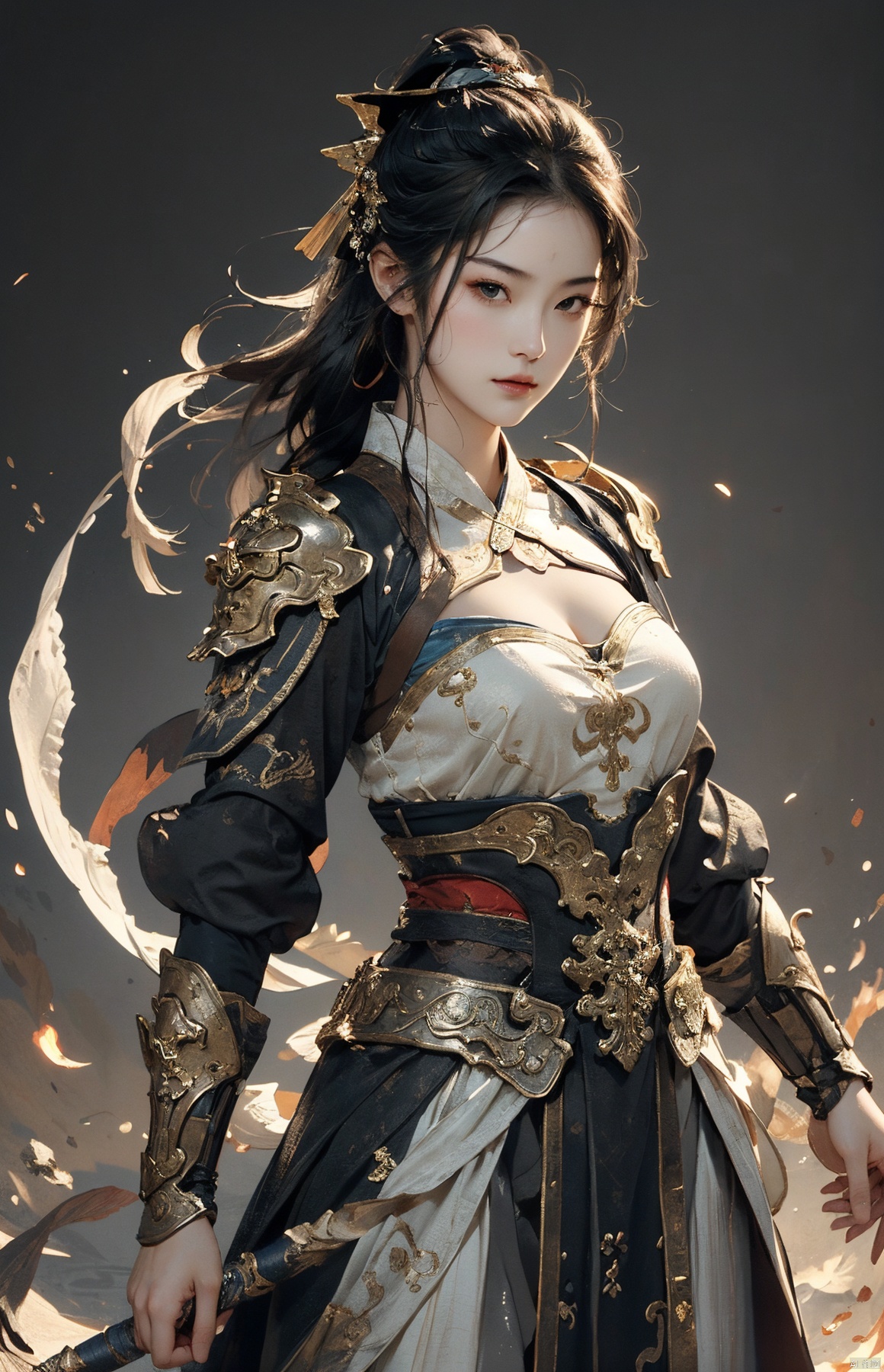  masterpiece,best quality,1girl, beautiful chinese girl, (beautiful detailed armor), (beautiful detailed hanfu), black eyes,(see-through),(straight-on),dynamic pose,
Game art,The best picture quality,Highest resolution,8K,(Head close-up),(Rule of thirds),(Female Warrior),looking at viewer,
An eye rich in detail,(knightess),Elegant and noble,indifferent,brave,bandeau top,pauldron,gardebras, strapless **** top,cleavage,breastplate,
(Ancient runes of light,Combat accessories with rich details,Metallic luster)
(super fucking cool:1.2)