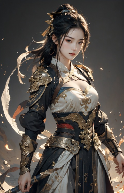  masterpiece,best quality,1girl, beautiful chinese girl, (beautiful detailed armor), (beautiful detailed hanfu), black eyes,(see-through),(straight-on),dynamic pose,
Game art,The best picture quality,Highest resolution,8K,(Head close-up),(Rule of thirds),(Female Warrior),looking at viewer,
An eye rich in detail,(knightess),Elegant and noble,indifferent,brave,bandeau top,pauldron,gardebras, strapless tank top,cleavage,breastplate,
(Ancient runes of light,Combat accessories with rich details,Metallic luster)
(super fucking cool:1.2)