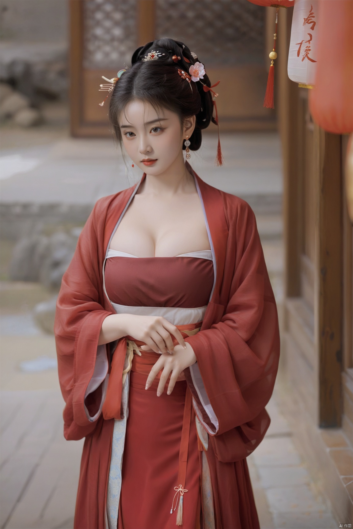  (masterpiece, top quality, best quality, official art, beautiful and aesthetic:1.2),gf-hd, 1girl, solo, hair ornament, jewelry,hanfu dress, red dress, earrings, chinese clothes, brown hair, ribbon, hanfu, red ribbon, shawl, song_hanfu,(big breasts:1.39), monkren