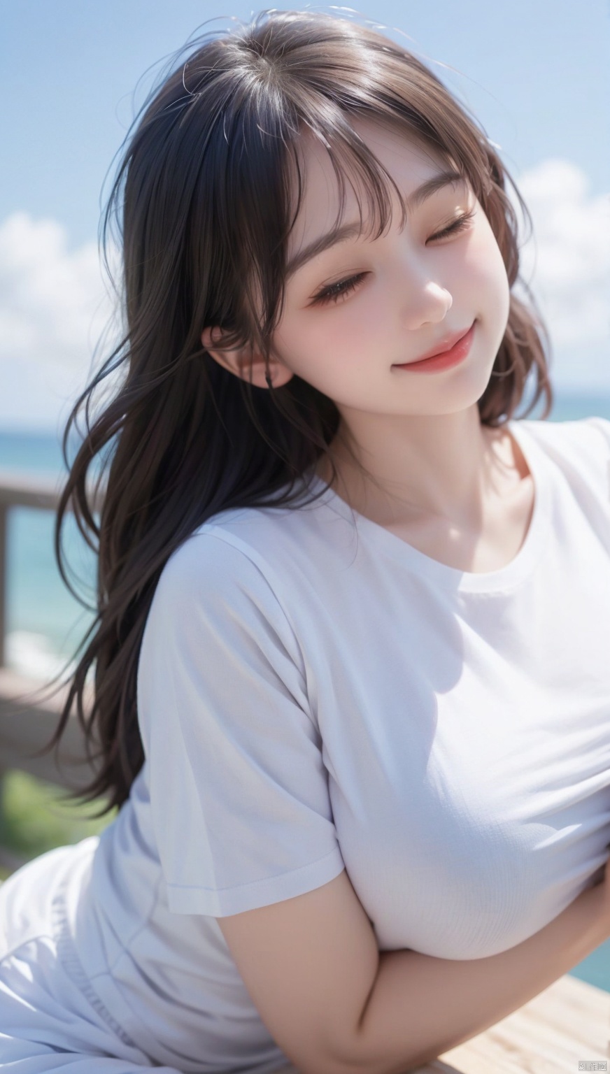  1 girl, European and American face, 70 degree face, looking up ,eyes closed,0.03, revealing ears, brown hair,, white short sleeved shirt,, blue sky background,light cloud, Purity Portait,（smile：0.2）,huge_breasts