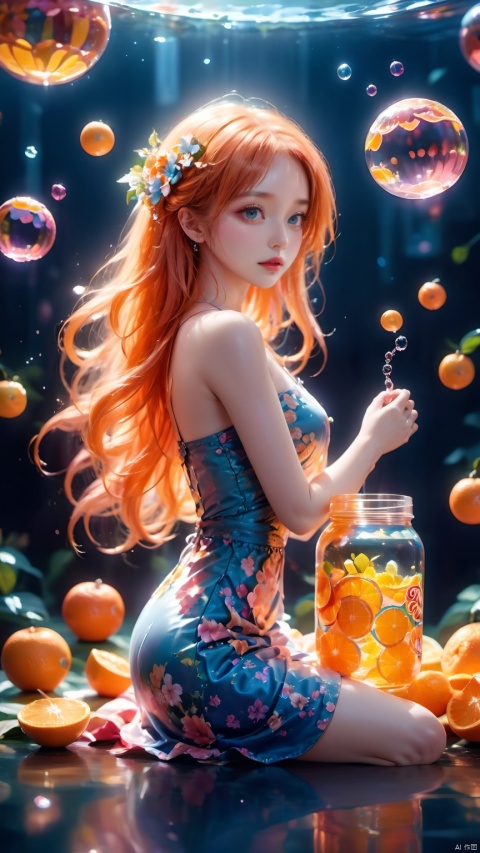  (masterpiece), (best quality), illustration, ultra detailed, hdr, Depth of field, (colorful), loli,(flowers background:1.45),(transparent background:1.3)(an extremely delicate and beautiful girl inside of glass jar:1.2), (glass jar:1.35),(solo:1.2), (full body), (beautiful detailed eyes, beautiful detailed face:1.3), (sitting ), (very long silky hair, float white hair:1.15), (medium_breasts, tally and skinny:1.2), (Colorful dress:1.3), (extremely detailed lace:0.3), (insanely detailed frills:0.3),(hairband , orange hair_ornament:1.25),orange cans,water surface,full body,(bottle filled with orange water,bottle filled with Fanta:1.25), (many fruits in jar, many Sliced_fruits in jar:1.25), (many bubbles:1.25), Colorful Girl