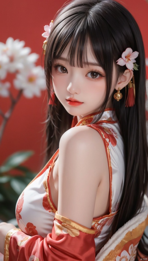 1 girl ,Young male, solo, long hair, black hair, hair accessories, jewelry, closed mouth, upper body, flowers, earrings, blur, side, eyelashes, side, makeup, red background, Chinese costume, red flowers, fringe, branch, red lips, fringe earrings, fruit grain, no hand, very beautiful, masterpiece, best quality, super detail, animation style, key vision,huge_breasts